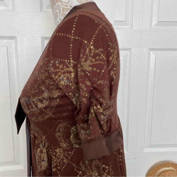 Chaudry KC Pattern Brown Metallic Gold Mini Dress Short Sleeve V-neck Bow Small - Picture 6 of 15